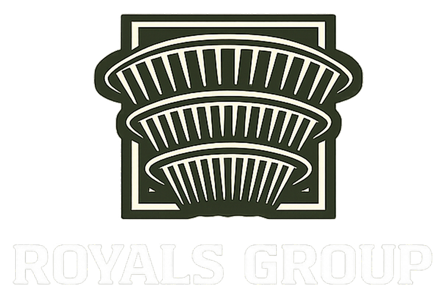 Logo of Royals Group with stylized green architectural design and bold text.