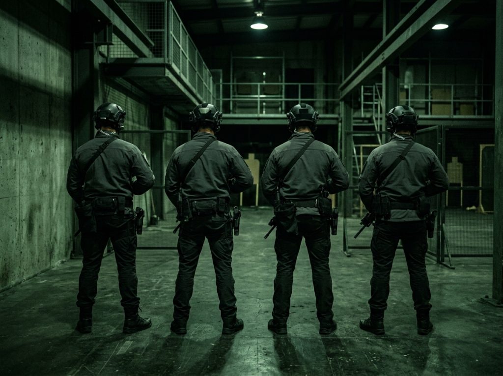 Four tactical officers in gear inside industrial building, dimly lit, strategic operation setting.