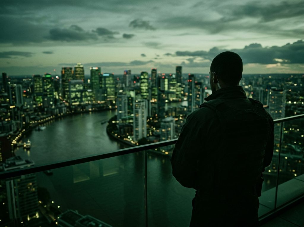 Security guard overlooking city skyline at dusk from rooftop, urban nightscape, skyscrapers, serene river view, city lights, protective stance.