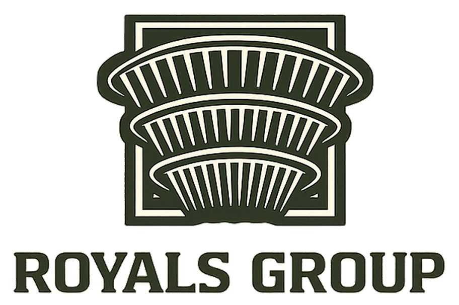 "Royals Group logo with stylized building design in green and white, emphasizing architecture and construction themes."