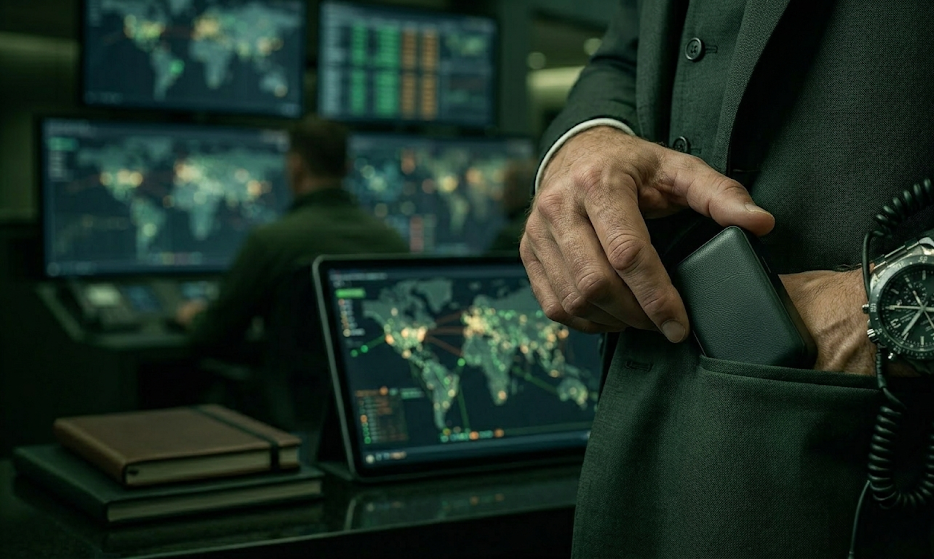 Businessman in control room with global data maps on monitors, holding device. High-tech surveillance, data analysis, technology concept.
