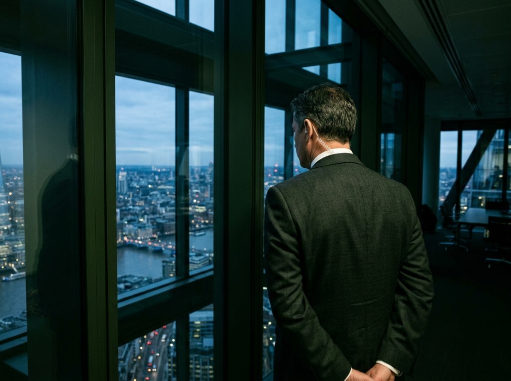 Businessman in suit gazing at cityscape from skyscraper office window at dusk, urban skyline view.