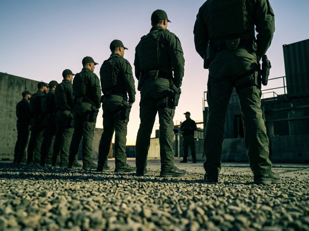 Tactical team in formation at sunset during military training exercise on gravel surface.