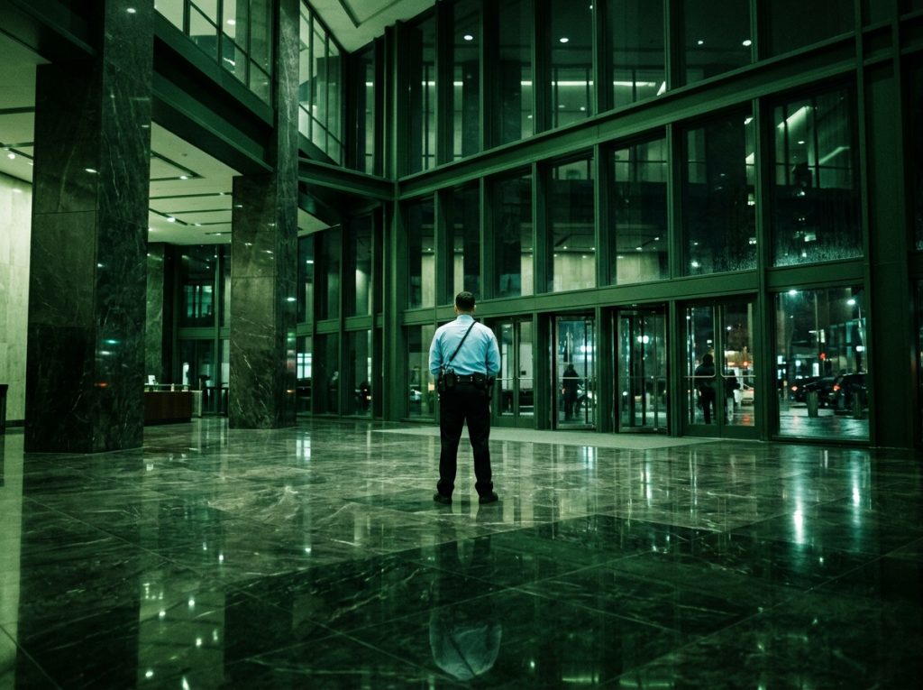 Security guard in blue uniform patrolling modern building lobby, reflecting on polished marble floor, ensuring safety and surveillance.