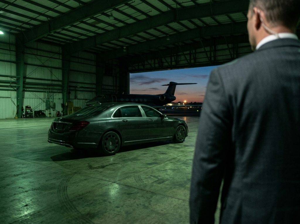 Luxury car in airport hangar with private jet at sunset, suited man in foreground.
