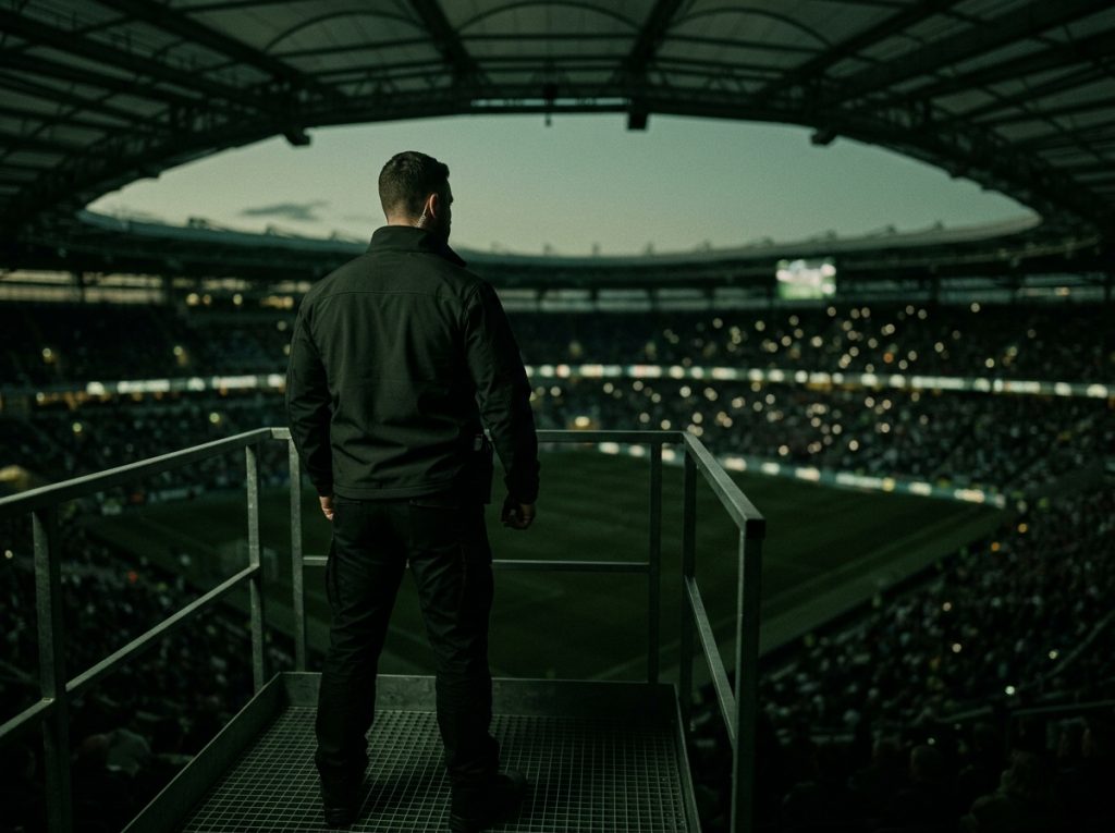 Security guard overlooking crowded stadium during evening event.