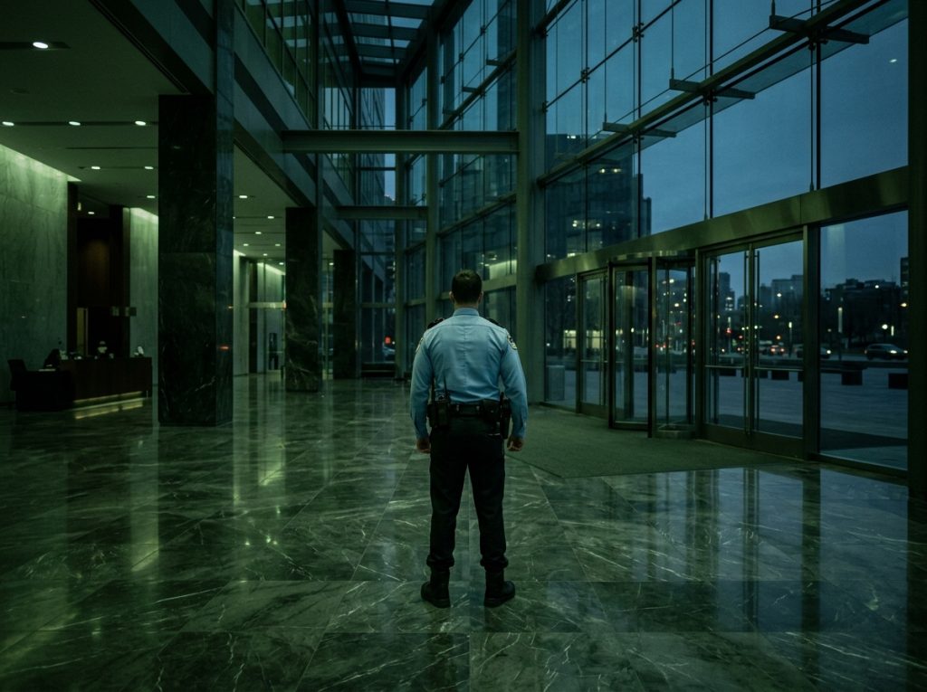 Security guard standing in modern glass lobby, evening cityscape outside.