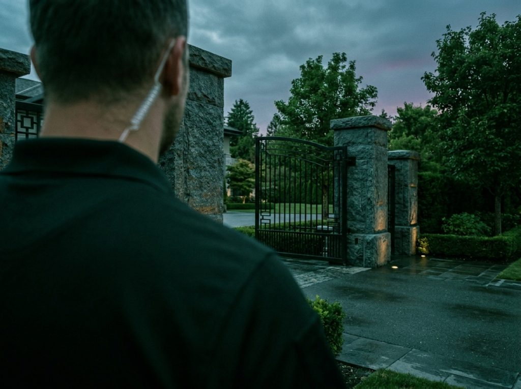 Security guard monitoring gated entrance at dusk, surveillance, safety, property protection.