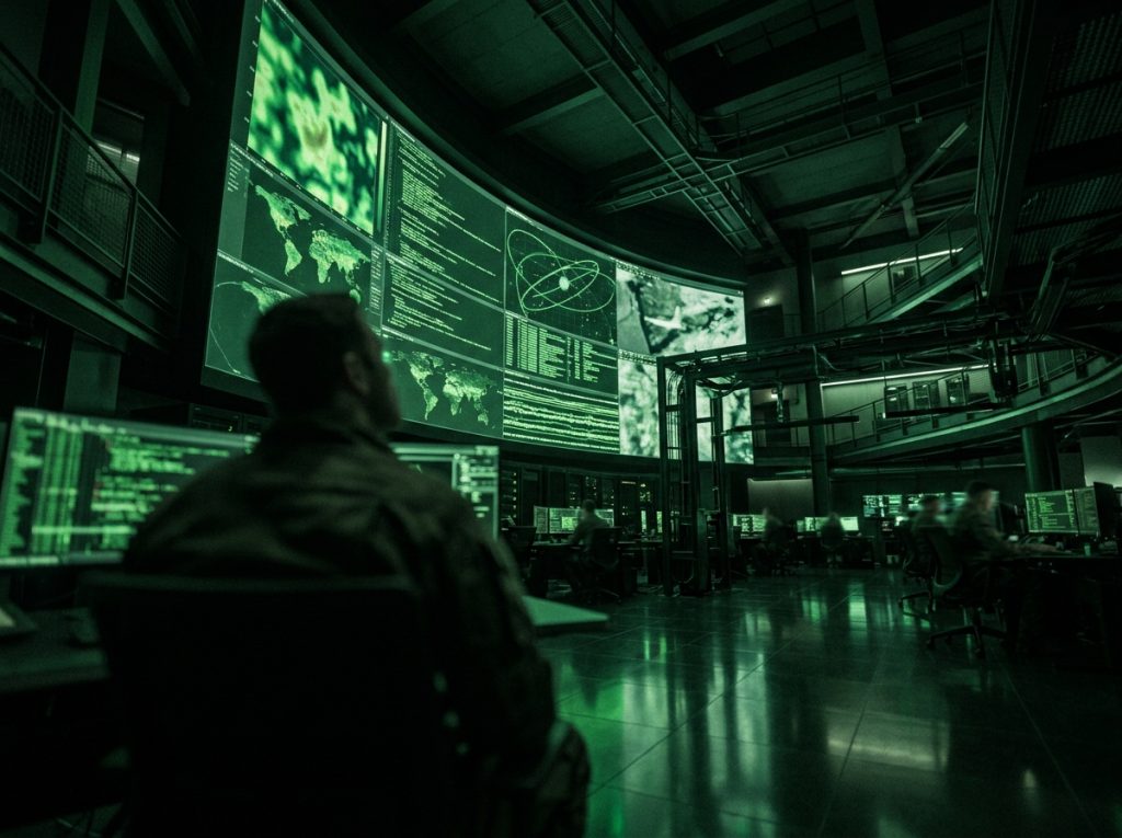 High-tech command center with digital screens displaying world maps and data, military personnel monitoring cyber operations.