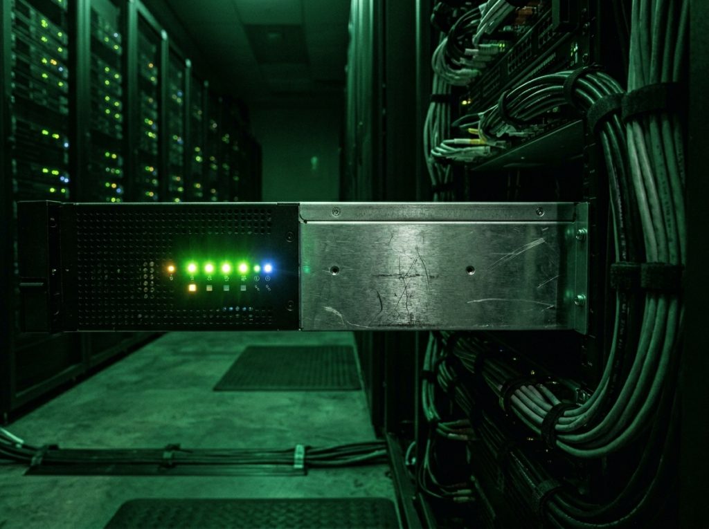 Server room with illuminated green lights on data servers and organized cables, highlighting network infrastructure and technology environment.