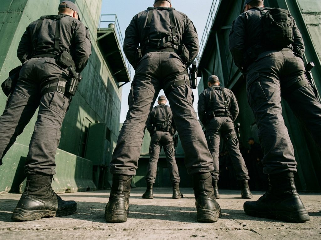 Security team in tactical gear standing in formation, urban setting.