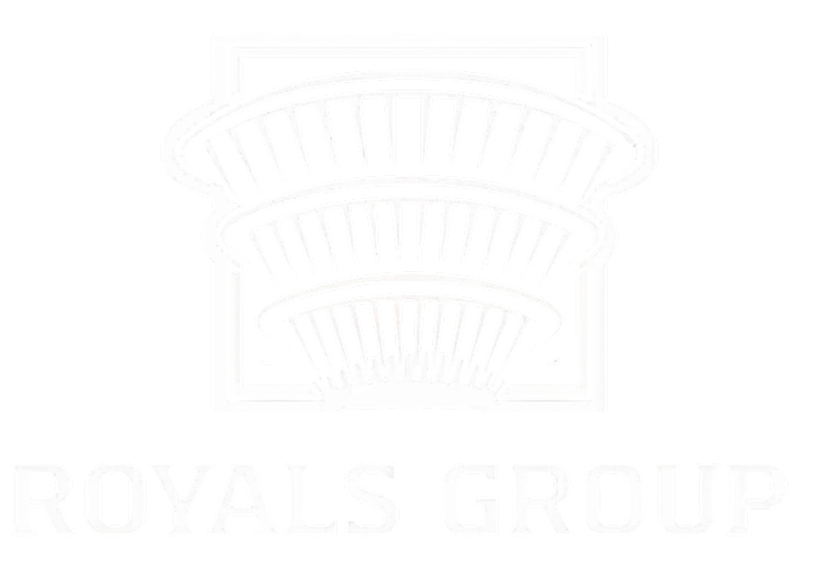 "Royals Group logo with stylized architectural design, white on black background."
